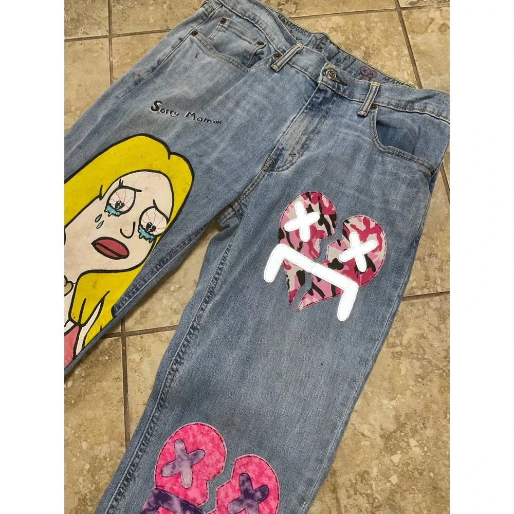 Naes Garden Levi's Jeans W32 L34‎ Custom Painted Cartoon Heart Denim Unique Art